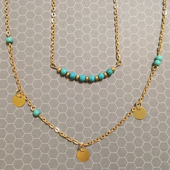 Boho Layered Turquoise Beaded Necklace Gold - Picture 2 of 2